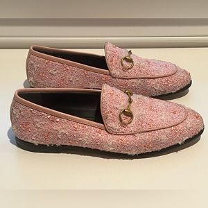 Pink tweed Gucci loafers, size 36.5 (Jordaan Horsebit Accent Loafers)